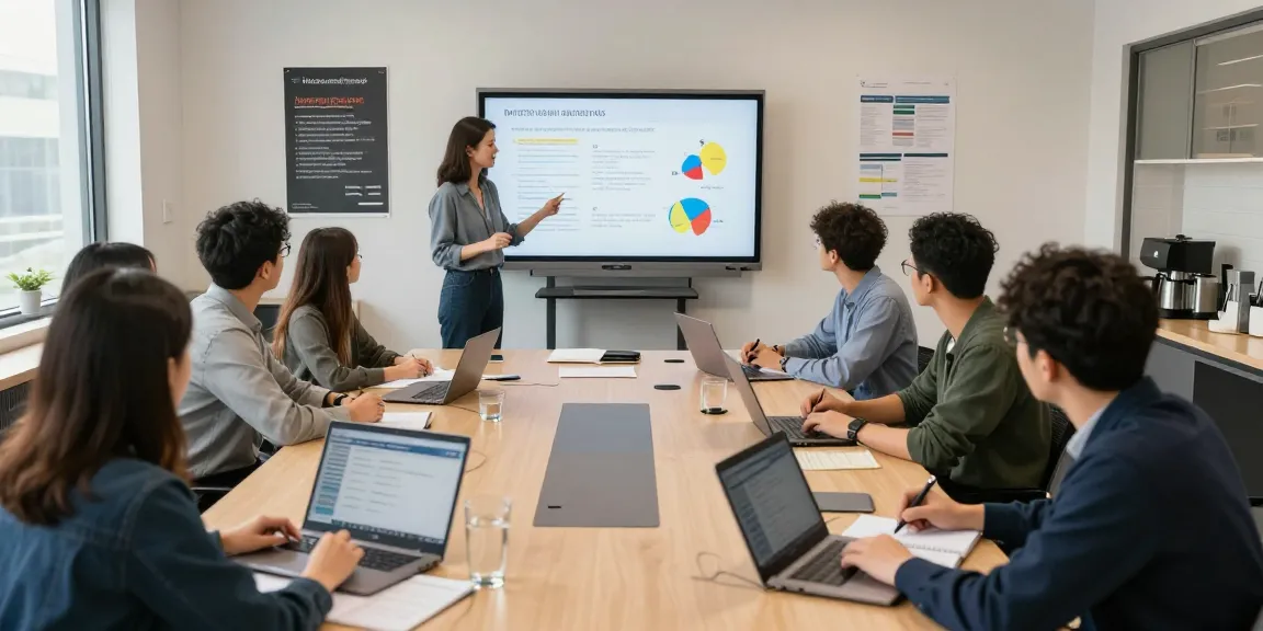 Marketing course for small businesses, diverse participants learning in a modern classroom setting.