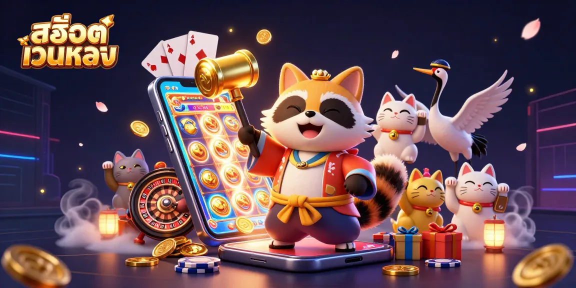 Engage with สล็อตเว็บตรง through a thrilling 3D scene featuring a cheerful tanuki and lucky symbols.
