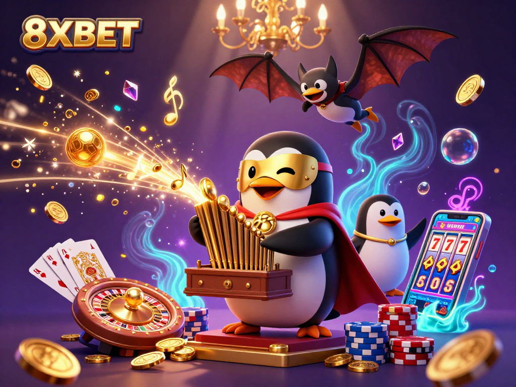Engage in thrilling casino fun with 8XBET featuring a penguin playing an organ with golden coins.