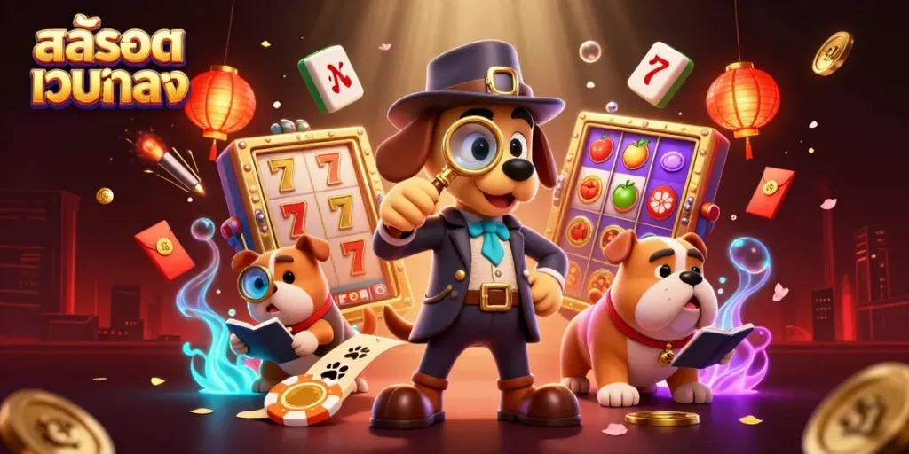 Playing สล็อตเว็บตรง with dynamic slot reels, a detective and his bulldog uncover treasure clues.