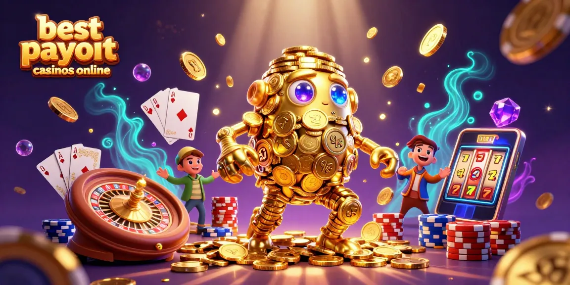 Experience the thrill of the best payout casinos online with vibrant 3D illustrations of golden golems and dynamic casino elements.
