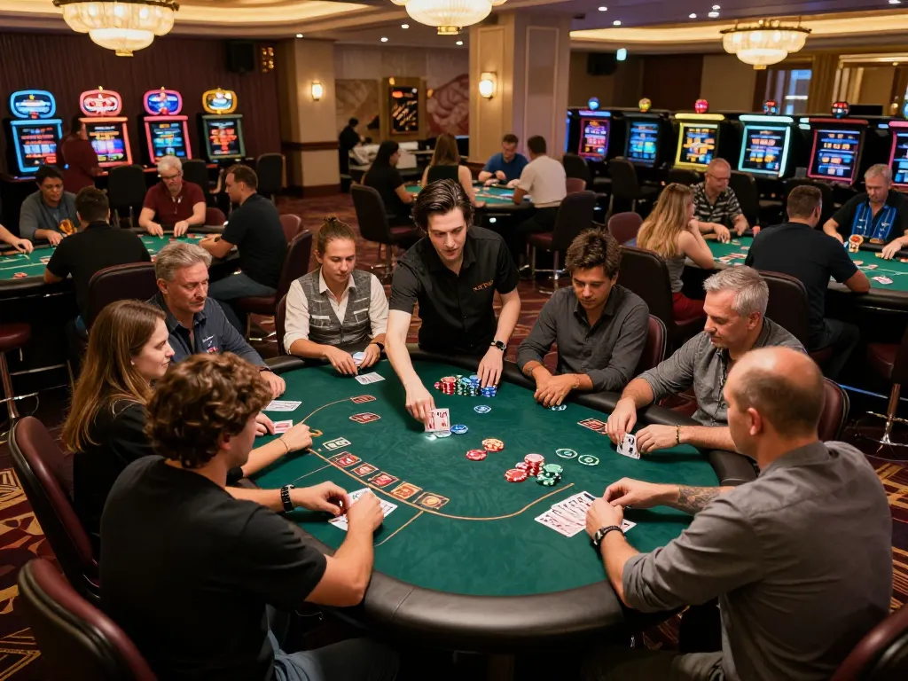 Players engaging in a high-stakes poker game at CM88, showcasing chips, cards, and an elegant casino atmosphere.