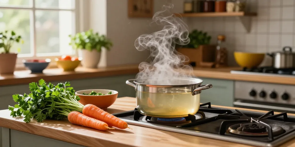 Ein Koch bereitet Klare Suppe mit frischem Gemüse in einer gemütlichen Küche zu.