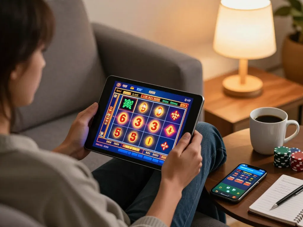 Engaging online gambling experience featuring jae888 on a tablet within a cozy home setting