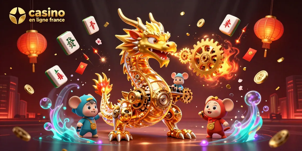 Profitez d'une aventure ludique avec le casino en ligne France illustrant un dragon doré et des éléments de jeux dynamiques.