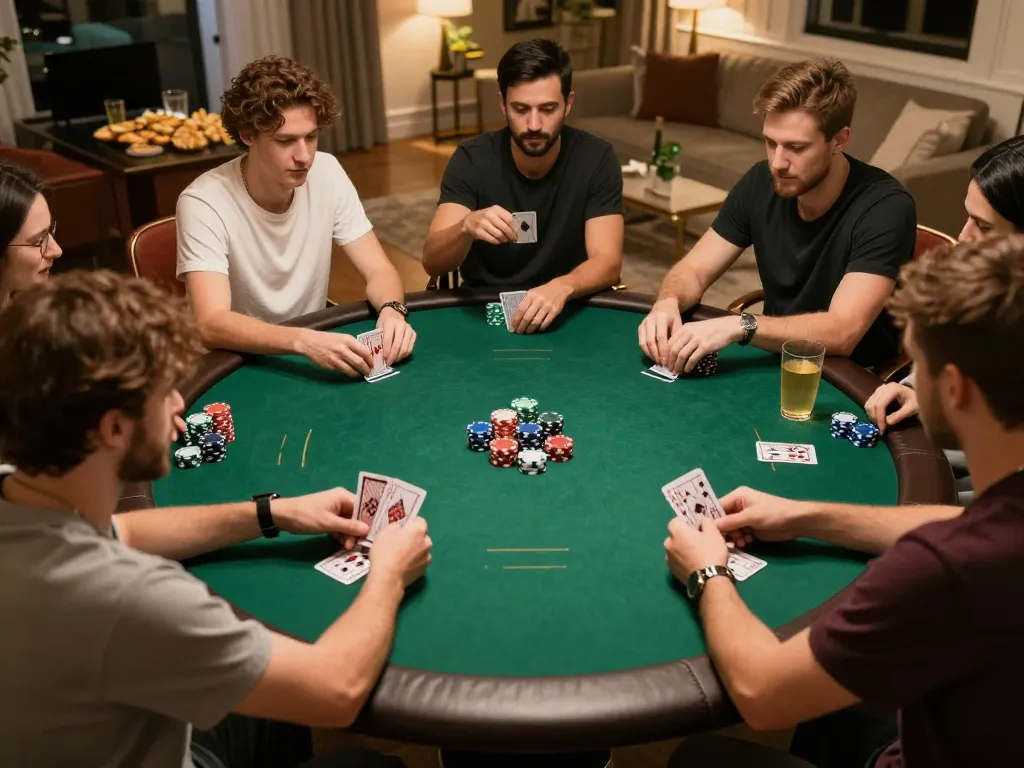 open88 đăng nhập through an exciting poker night with friends, cards visible atop stylish felt.