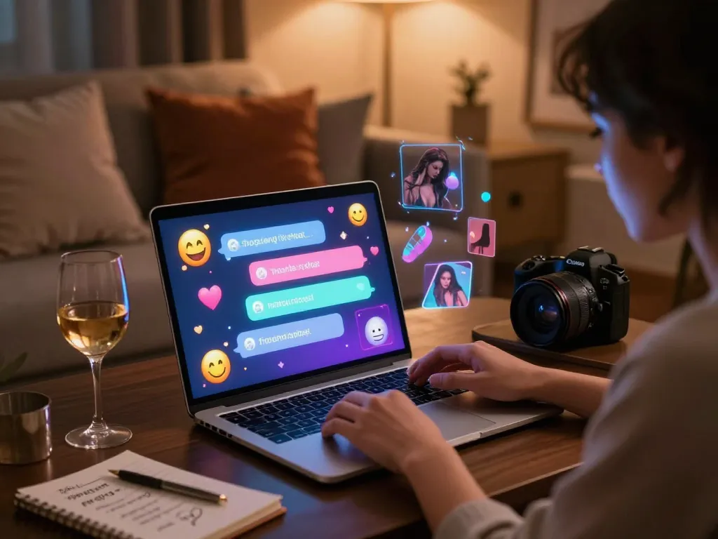Engaging in nsfw ai chat with a digital partner in an intimate, warm-lit room.