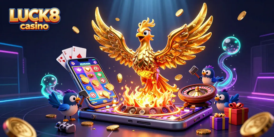 Engage with LUCK8 casino's thrilling games as golden phoenix emerges in a vibrant 3D scene.