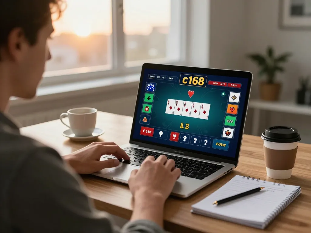 Engaging in c168 poker game online at home, showcasing strategy notes and cozy atmosphere.