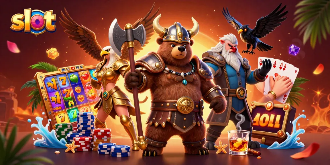 Engage with vibrant slot gameplay showcasing Viking characters, jackpot reels, and poker elements