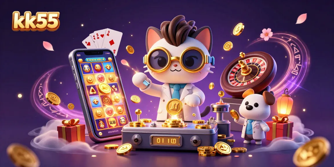 Engage with kk55's thrilling 3D casino scene featuring vibrant games and sparkling wins.