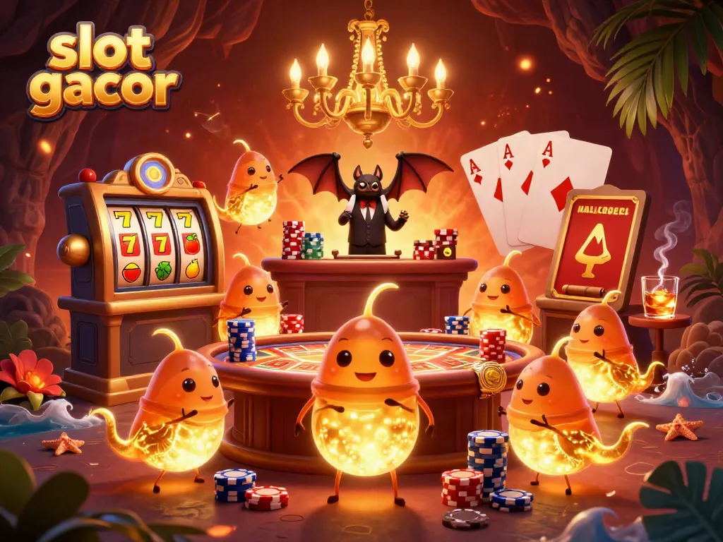 Engage with slot gacor visuals as glowworms illuminate a vibrant cave casino atmosphere.
