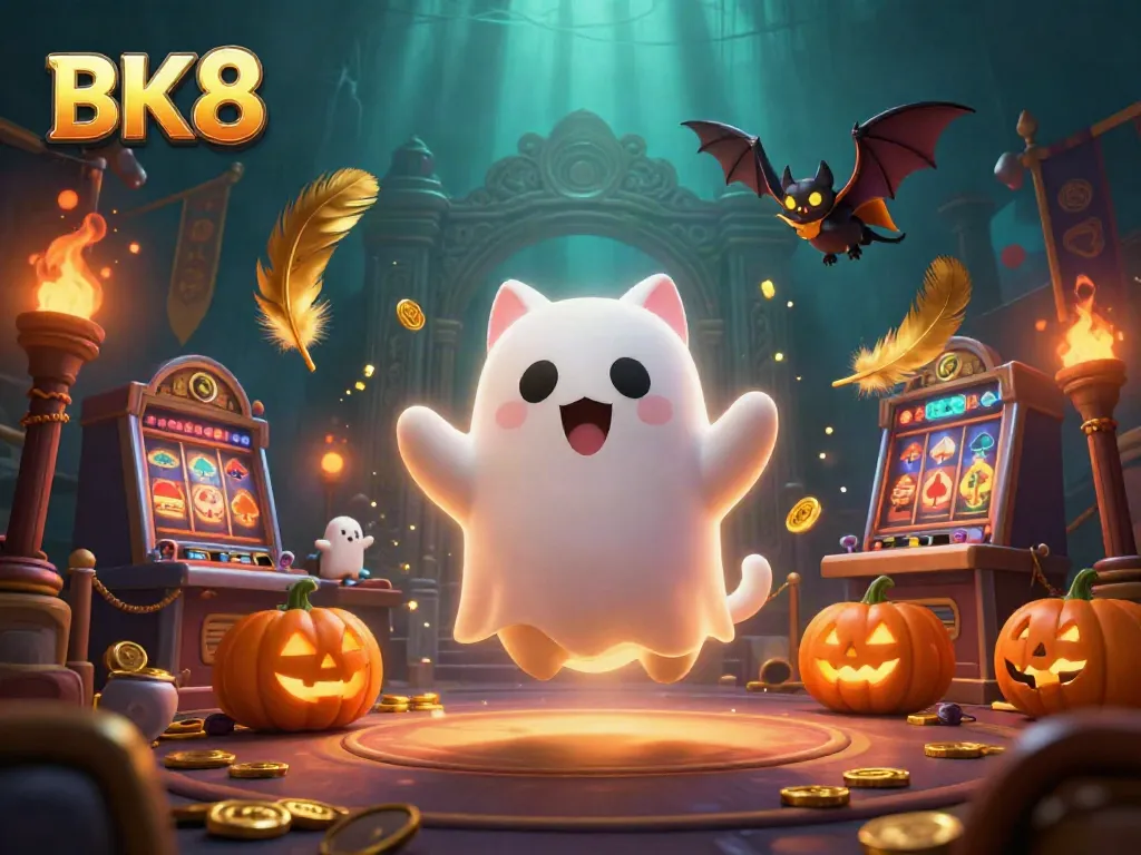 Engage with BK8's lively casino world, where a ghost cat and bat explore with glowing jack-o-lanterns.