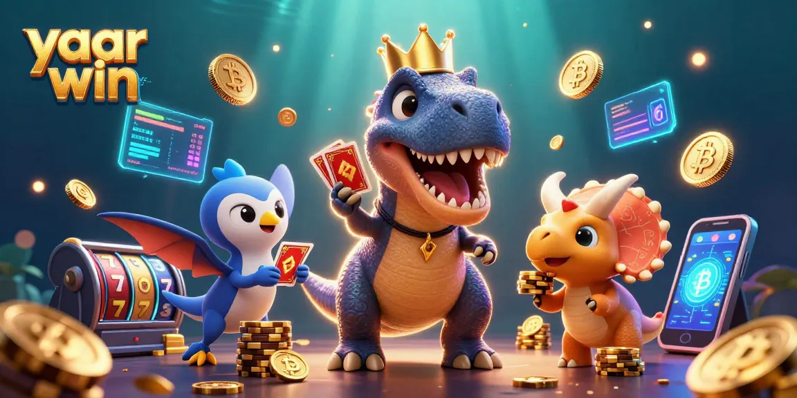Engage with yaar win in this vibrant 3D casino illustration featuring a T-Rex and colorful gaming elements.