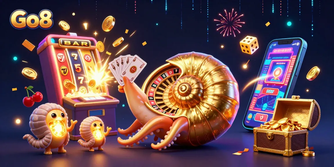 Experience the thrill of gaming at Go8 with a vibrant 3D casino scene featuring dynamic elements.