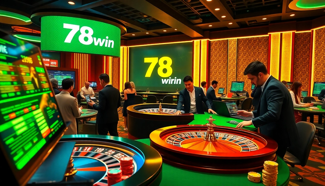 Experience thrilling gameplay and sports betting at 78win's vibrant online casino with poker chips and tables.