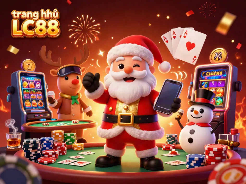 Engage in gaming excitement at trang chủ LC88 with a festive casino scene featuring cartoon characters of Santa with poker chips.