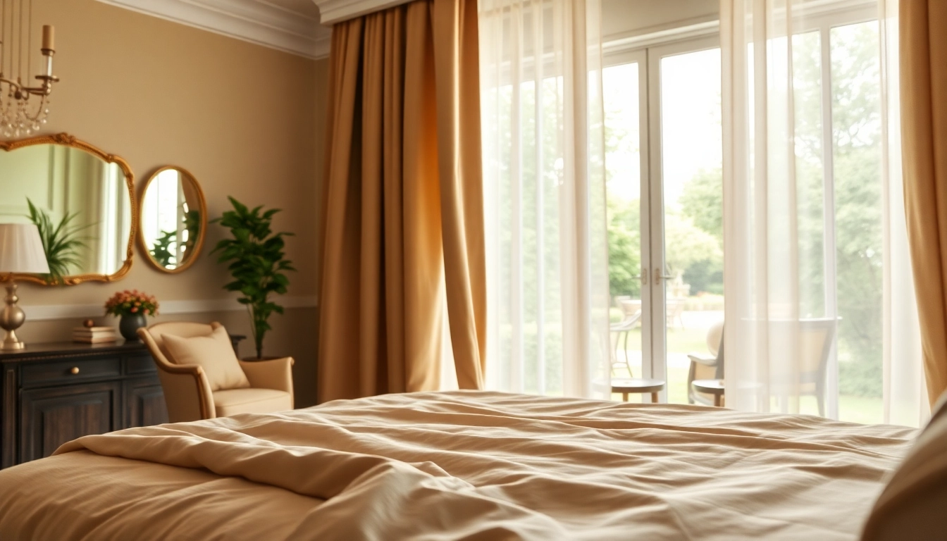 Zie stijlvolle verduisterende gordijnen die natuurlijk licht op een serene manier filteren in een gezellige slaapkamer.