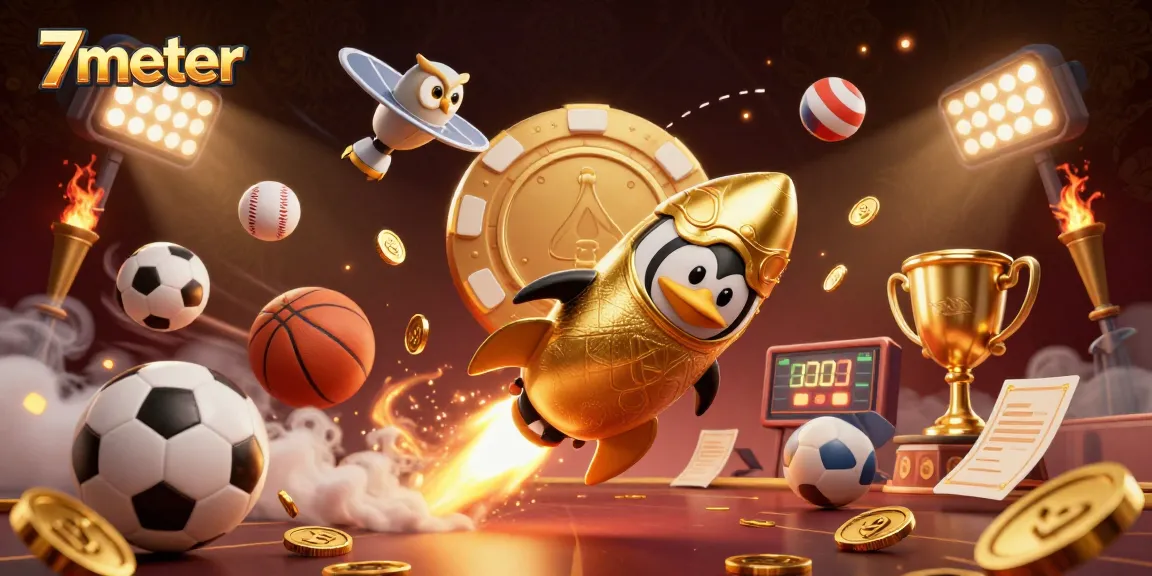 Experience dynamic sports betting with 7meter's golden penguin and vibrant gaming elements.