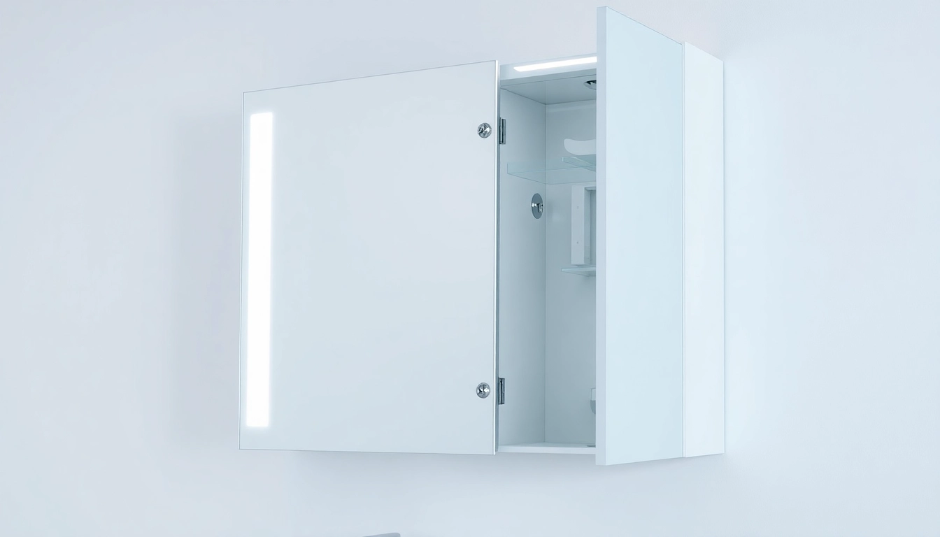 Spiegelschrank mit LED Beleuchtung in modernem Badezimmer mit stilvollem Design und praktischem Stauraum.
