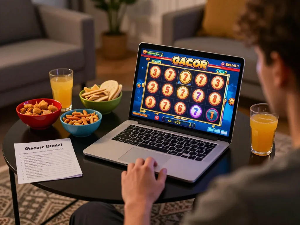 Engaging with slot gacor siang ini on a laptop at home, showcasing a vibrant gaming atmosphere with snacks and strategy notes.