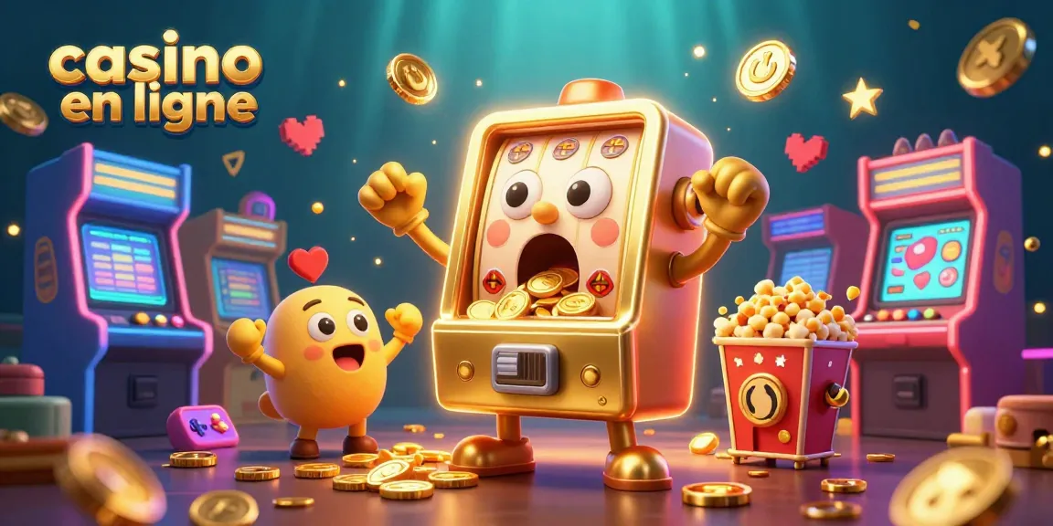 Jouez au casino en ligne avec cette illustration amusante représentant une machine à sous dorée gagnant un jackpot.