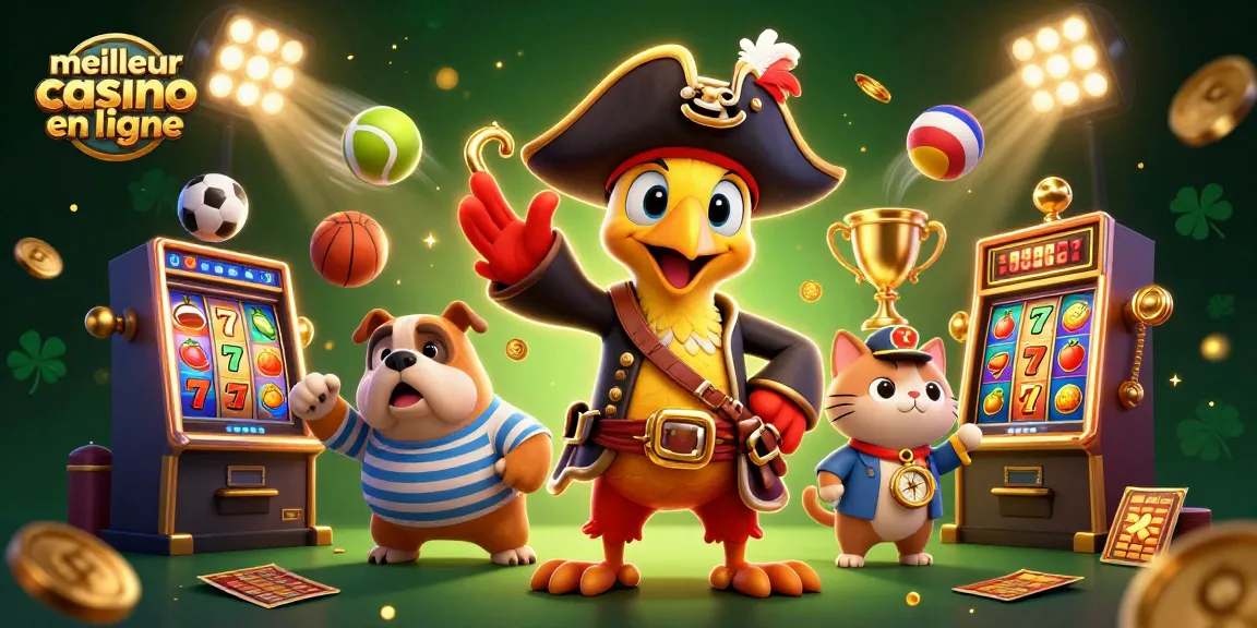 Jouez au meilleur casino en ligne avec des personnages colorés, des machines à sous et des trophées brillants