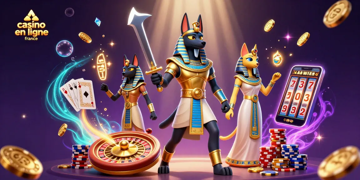 Jouez au casino en ligne France avec Anubis et Bastet, entourés de pièces et de cartes étincelantes.