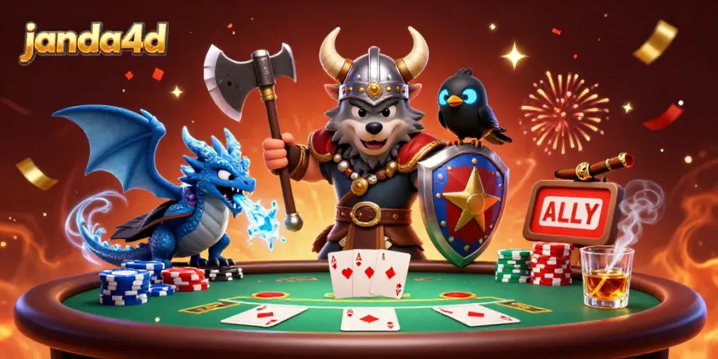 Ilustrasi 3D janda4d yang menampilkan simbol perjudian dengan karakter Viking dan elemen poker, penuh warna dan detail.