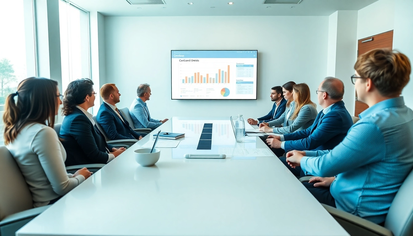 Business professionals collaborating on contracts and grants in a bright conference room.