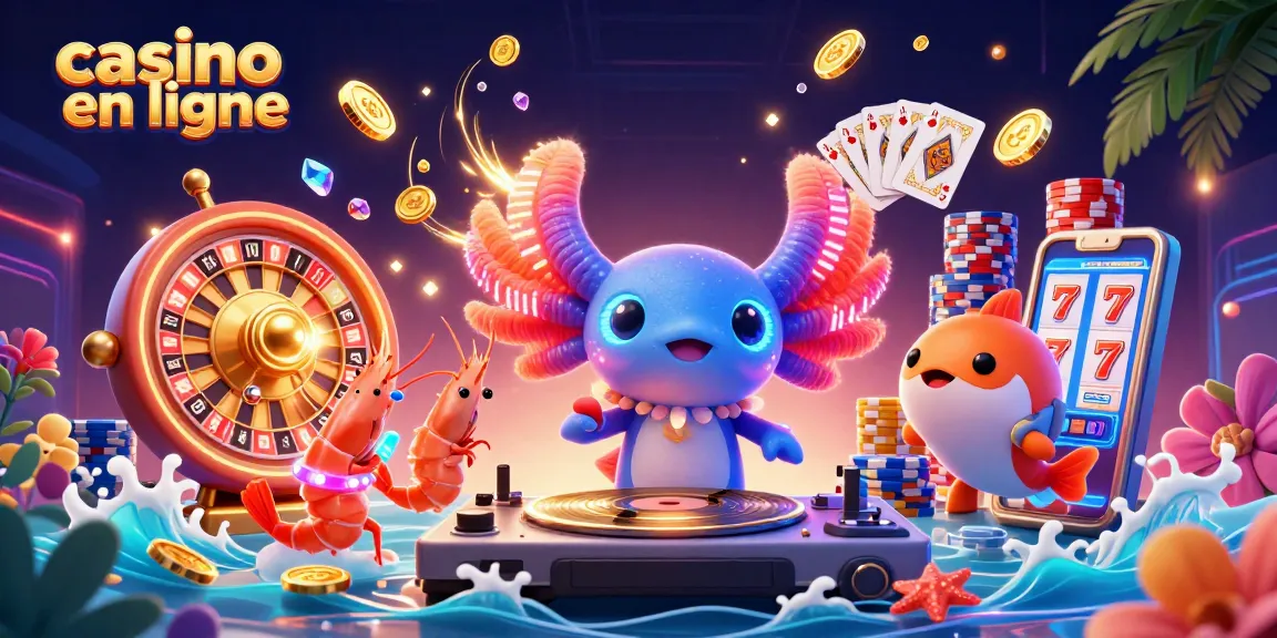 Casino en ligne dynamique avec un DJ axolotl, des jetons de poker et des pièces d'or.