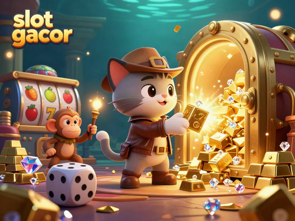 Engage with the dynamic scene of slot gacor featuring an explorer cat and monkey uncovering treasure in a vibrant casino.