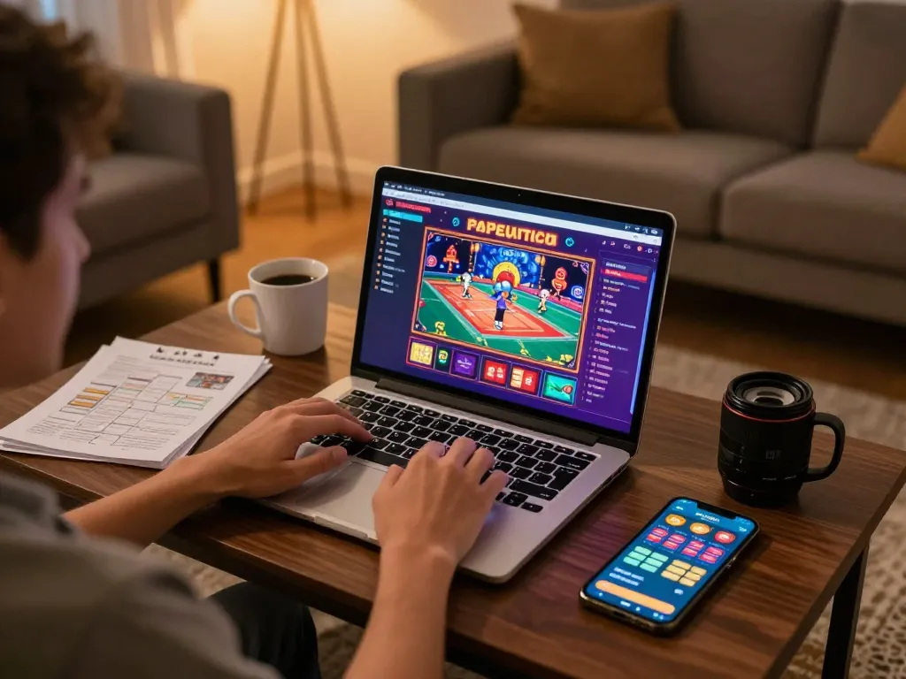 Engaged player enjoying online casino gaming experience at home using tg8 platform with strategy notes nearby
