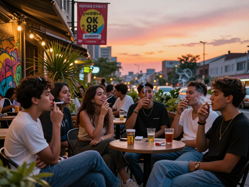 Friends enjoying rokok88 super cigarettes in a vibrant urban café setting at sunset.
