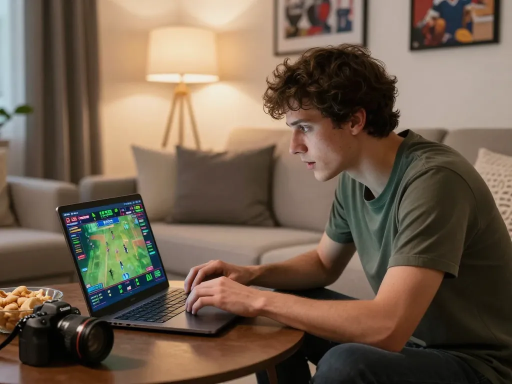 77WIN user analyzing sports stats while betting from a cozy living room, showcasing online gambling excitement.