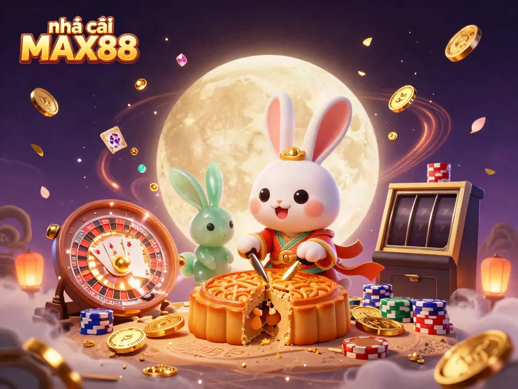 Experience the excitement of nhà cái MAX88 with an enchanting scene featuring a moon rabbit and casino treasures.