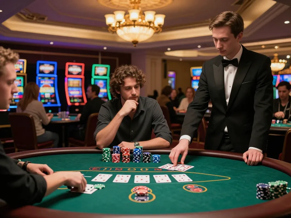 F168 blackjack scene depicting players strategizing bets at an upscale casino table with vibrant surroundings.