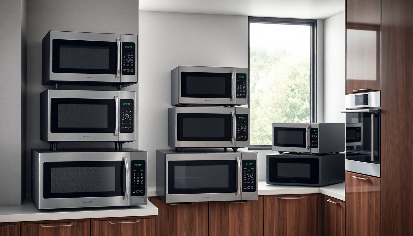 Showcasing Microwave Oven Sales with various models in a bright modern kitchen setting.