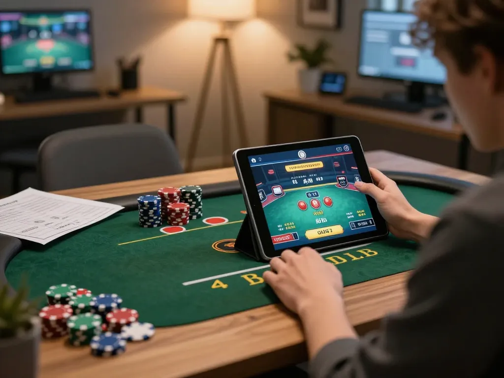 Nohu90 player enjoying live dealer game at home with chips and strategy notes