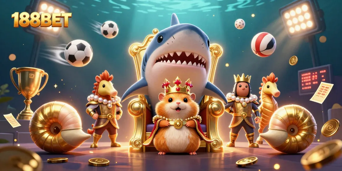 Experience the excitement at 188BET with a golden hamster king surrounded by dynamic sports elements and sparkling visuals.