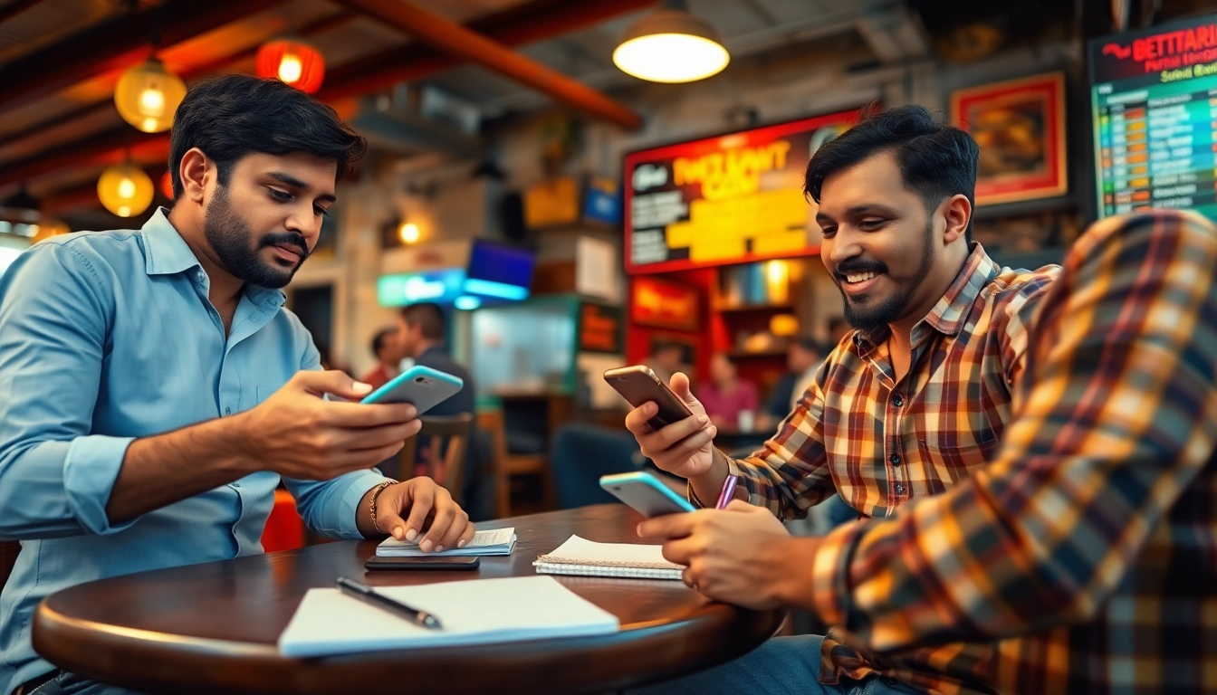 Engaging scene of sports betting in India with bettors analyzing mobile odds in a dynamic setting.