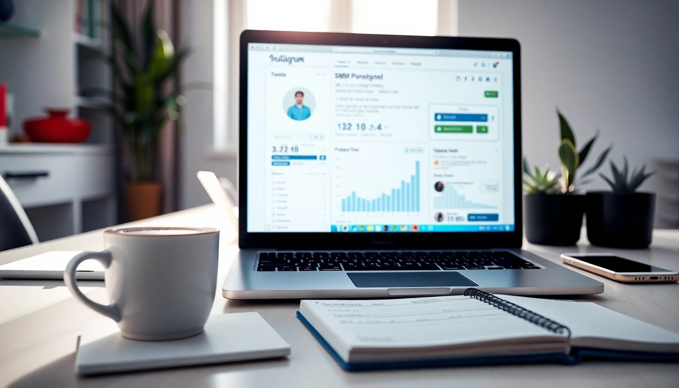 Engaging workspace showcasing an Instagram smm panel on a laptop, emphasizing digital marketing.