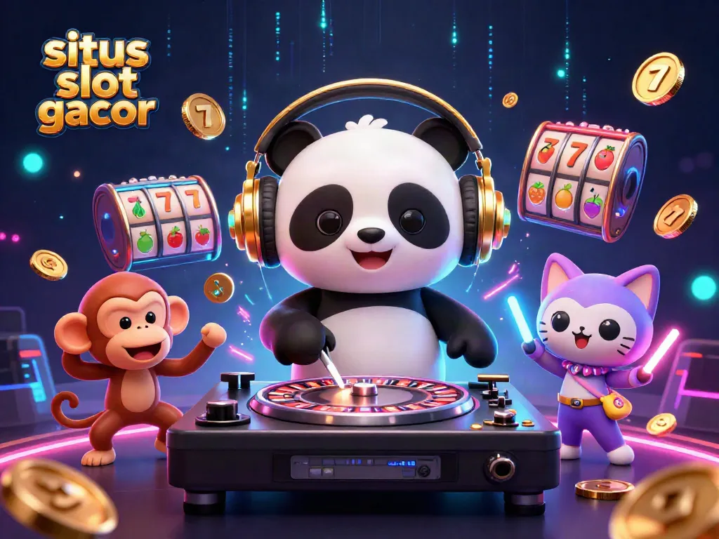 Permainan situs slot gacor ditampilkan dalam ilustrasi 3D dengan panda DJ, monyet, dan anak kucing.