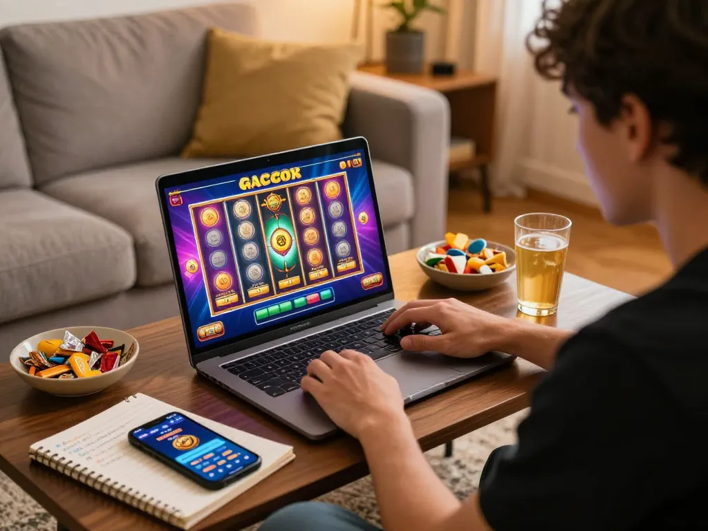 Engaged player enjoying slot gacor game at home on laptop with snacks