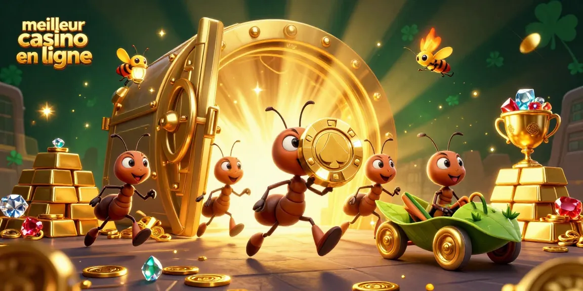 Vivez l'excitation du meilleur casino en ligne avec une illustration dynamique d'une équipe de fourmis en pleine fuite pour un jeton en or.