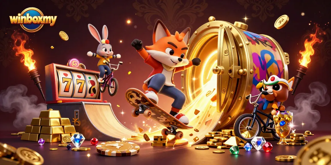 Winboxmy offers thrilling gameplay with a dynamic scene featuring a fox and rabbit in a rich casino atmosphere.