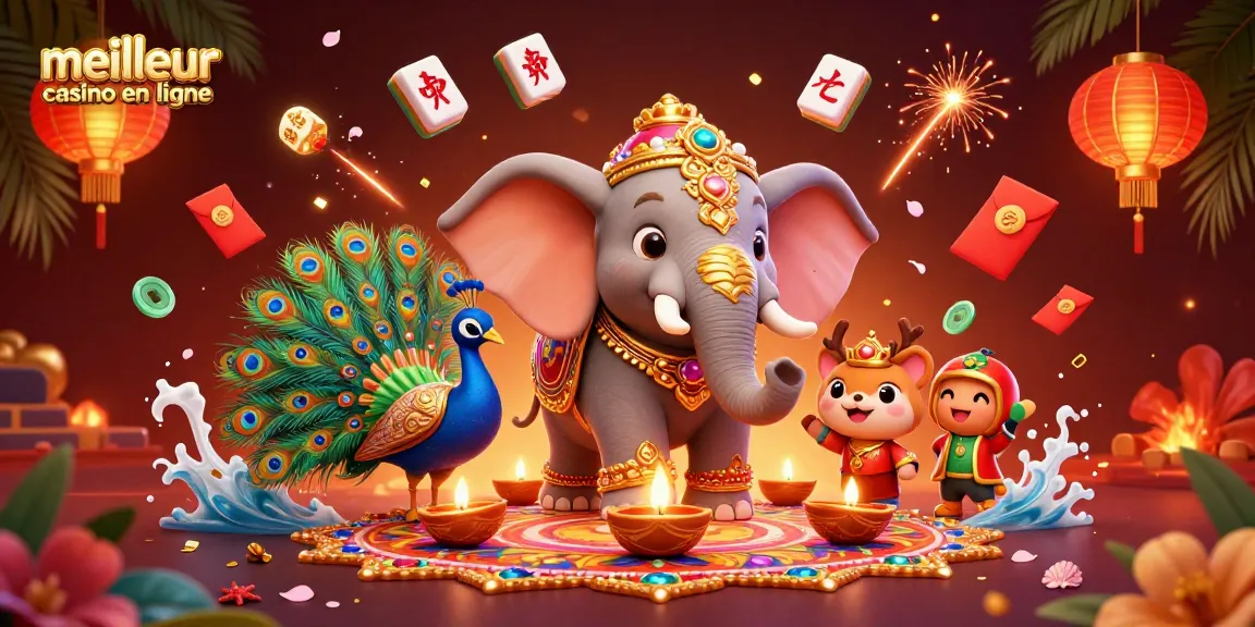 Jouer au meilleur casino en ligne avec une illustration riche d'éléphants et de lumières.