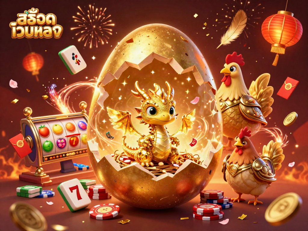 Experience สล็อตเว็บตรง excitement with a dazzling casino scene featuring a golden dragon, slot reels, and festive elements.