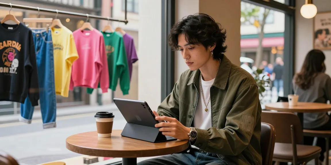 Individual exploring a 레플리카 쇼핑몰 on a tablet at a trendy coffee shop, showcasing stylish urban fashion.