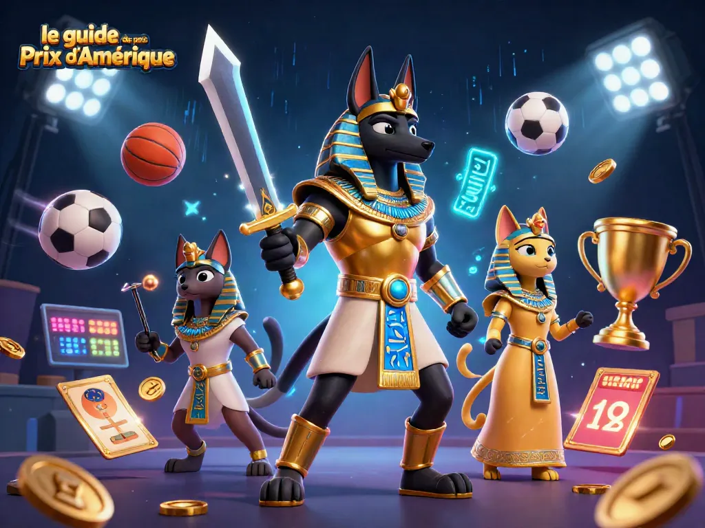 Bet on le guide des paris Prix d'Amérique with dynamic sports elements in vibrant 3D illustration.